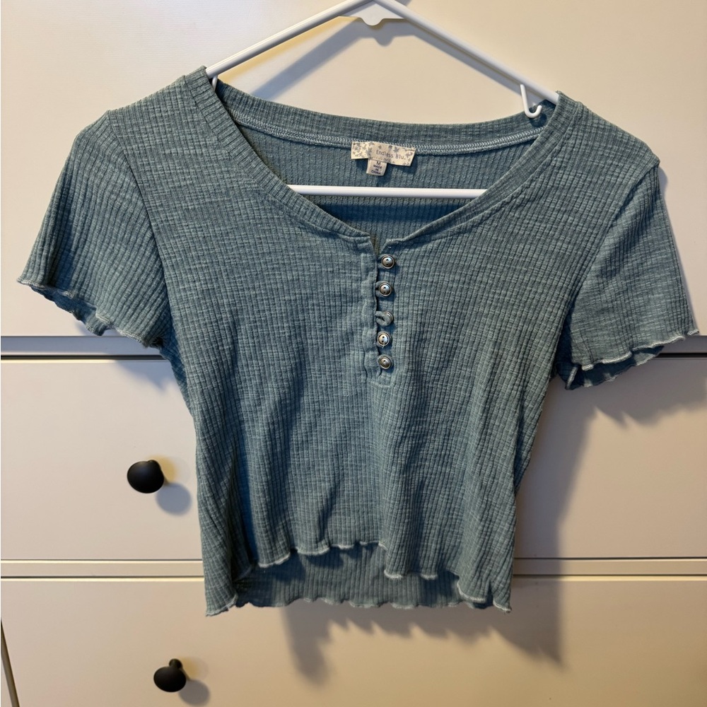 Ribbed Blue Button-Up Women's Top